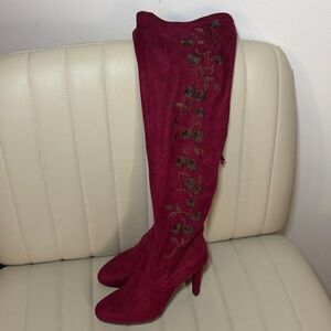 Rialto Burgundy Faux Suede Embroidered Over the Knee Boots Size 6 Women's Shoes